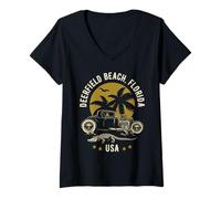 Womens Deerfield Beach Florida Sunset Hotrod Alligator Design V-Neck T-Shirt
