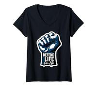 Womens Defend Life Pro-Life Raised Fist Unborn Baby Fetus Pro Life V-Neck T-Shirt