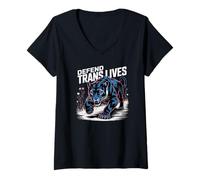 Womens Defend Trans Lives - Vintage Black Panther & Floral Design V-Neck T-Shirt