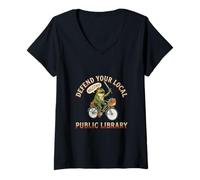 Women's Defend Your Local Library Frog Huzzah V-Neck T-Shirt