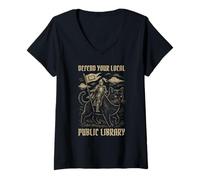 Womens Defend Your Local Public Library Cat Knight - Funny Medieval V-Neck T-Shirt