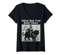 Womens Defend Your Local Public Library Cat Knight V-Neck T-Shirt