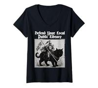Womens Defend Your Local Public Library Knight Funny Cat V-Neck T-Shirt