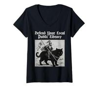 Womens Defend Your Local Public Library Knight Funny Cat V-Neck T-Shirt
