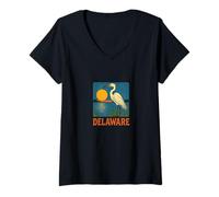 Womens Delaware Egret Vintage Coastal Wildlife Sunset Scene V-Neck T-Shirt