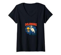 Womens Delaware Egret Vintage Coastal Wildlife Sunset Scene V-Neck T-Shirt