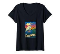 Womens Delaware Egret Vintage Coastal Wildlife Sunset Scene V-Neck T-Shirt
