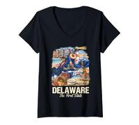 Women's Delaware The First State Beach Lighthouse Crab Peach V-Neck T-Shirt
