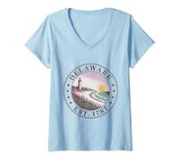 Womens Delaware Vintage State 1787 Shirt Lighthouse Dunes Sunset V-Neck T-Shirt