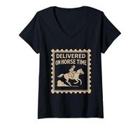 Womens Delivered On Horse Time Equestrian Stamp Graphic V-Neck T-Shirt