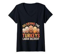 Womens Delivering The Cutest Turkeys Labor & Delivery Thanksgiving V-Neck T-Shirt