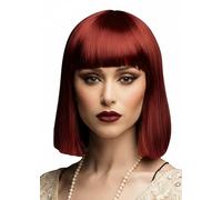 Womens Deluxe 1920s Burgundy Straight Blunt Bob Flapper Girl 20s Fancy Dress Wig