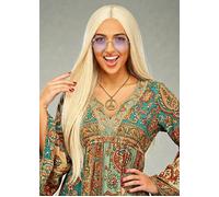 Womens Deluxe 70s Extra Long Blonde Hippy Wig 1970s Hippie Girl Fancy Dress