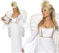 Womens Deluxe Angel Costume +Wings Ladies Christmas Fancy Dress UK 8-18