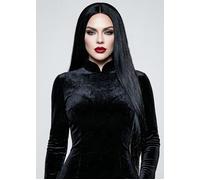 Womens Deluxe Morticia Style Extra Long Straight Black Wig Gothic Halloween