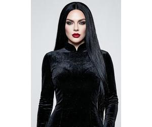 Womens Deluxe Morticia Style Extra Long Straight Black Wig Gothic Halloween