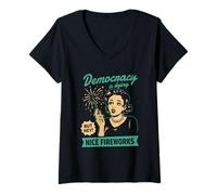 Women's Democracy Dying Fireworks Political Satire Design V-Neck T-Shirt