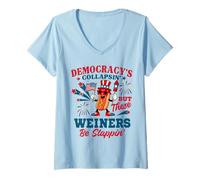 Womens Democracy's Collapsing 4th July Funny Hot Dog V-Neck T-Shirt
