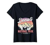 Women's Denali National Park Alaska Retro Mountain Adventure Art V-Neck T-Shirt