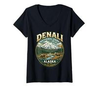 Women's Denali National Park Alaska Retro Mountain Bear Moose Design V-Neck T-Shirt