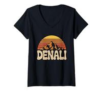 Women's Denali National Park Retro Sunset Vintage 70s Alaska V-Neck T-Shirt