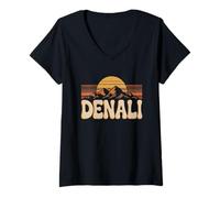 Women's Denali National Park Retro Sunset Vintage 70s Alaska V-Neck T-Shirt
