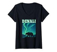 Womens DENALI Northern Lights Bear National Park Alaska Mountains V-Neck T-Shirt