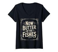 Womens denglisch saying now butter by the fishes funny german V-Neck T-Shirt