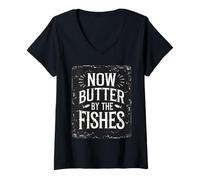 Womens denglisch saying now butter by the fishes funny german V-Neck T-Shirt
