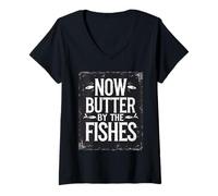 Womens denglisch saying now butter by the fishes funny german V-Neck T-Shirt