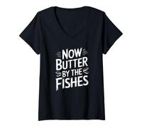 Womens denglisch saying now butter by the fishes funny german V-Neck T-Shirt