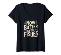 Womens denglisch saying now butter by the fishes funny german V-Neck T-Shirt