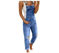 Womens Denim Bib Overalls Sleeveless Casual Adjustable Straps One Piece Ripped Jean Rompers Classic Crimping Stretchy Washed Distressed Work Denim Overalls Dungarees Workwear with Pockets