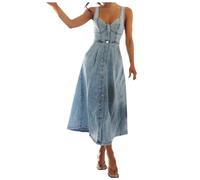 Women's Denim Button Down Midi Dress with Wide Straps, Sleeveless Summer Jean Dress with Fitted Bodice for Farmers Markets, Garden Picnics and Vintage Street Walks