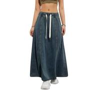 Women's Denim Drawstring Long Skirts Elastic High Waist Maxi Flare Jean Skirt Summer Casual Paperbag A Line Beach Skirt (A-Dark Blue, L)