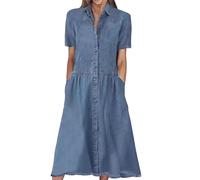 Womens Denim Dress Lapel Short Sleeve Frayed Hem Jean Dresses Oversized Button Down A Line Shirt Dress Blue