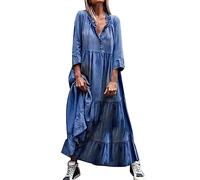 Womens Denim Dresses 2023, Women Long Sleeve Ruffle Wrap Maxi Dresses Plus Size Casual Solid V Neck Autumn Long Dresses Loose Vacation Holiday Dress Elegant Party Formal Work Dresses UK Clearance