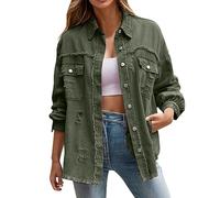 Women's Denim Jacket Distressed Denim Jackets for Women UK Vintage Long Jean Jackets Distressed Jean Jacket Casual Denim Shirt Ladies Trucker Jacket for Autumn Spring (03-Green, XL)