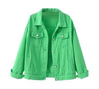 Women's Denim Jacket Large Sizes - Transition Jacket Plain Jeans Stretchy Long Sleeve with Pockets Stylish Y2K Short Outerwear Lapel Collar Button Down Loose Top Casual Summer Jacket, Green, XXL