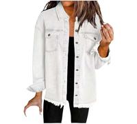 Women's Denim Jacket Oversized Button Down Casual Sleeve Boyfriend Jean Jackets Womens Washed Denim Shirt Jacket Long Frayed Hem Shacket Coats Long Women's Button Front Shirts Tops White s