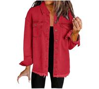 Women's Denim Jacket Oversized Button Down Casual Sleeve Boyfriend Jean Jackets Womens Washed Denim Shirt Jacket Long Frayed Hem Shacket Coats Long Women's Button Front Shirts Tops Red s