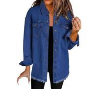 Women's Denim Jacket Oversized Button Down Casual Sleeve Boyfriend Jean Jackets Womens Washed Denim Shirt Jacket Long Frayed Hem Shacket Coats Long Women's Jacket Button Front Shirts (Blue, XXL)