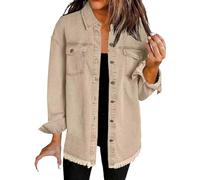 Women's Denim Jacket Oversized Button Down Casual Sleeve Boyfriend Jean Jackets Womens Washed Denim Shirt Jacket Long Frayed Hem Shacket Coats Long Women's Jacket Button Front Shirts (Khaki, XL)