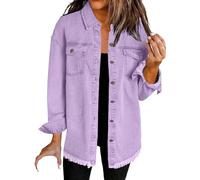 Women's Denim Jacket Oversized Button Down Casual Sleeve Boyfriend Jean Jackets Womens Washed Denim Shirt Jacket Long Frayed Hem Shacket Coats Long Women's Jacket Button Front Shirts (Purple, XXL)