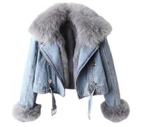 Women's Denim Jacket with Fur Collar, Rabbit Fur Lined, Thicken Shaggy Winter, Removable Cropped Top (Light Blue, XL)