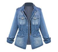 Women's Denim Jacket Zip Waisted Tops Classic Long Jean Jacket Loose Long Sleeve Button Down Washed Detail Ladies Trucker Western Design Casual Turn Down Collar Stretch Autumn Winter UK