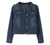Women's Denim Jackets Button Down Stretch Boyfriend Jean Jacket with Pocket Long Sleeve Round Neck Tops Patchwork Vintage Trendy Slimming Casual Denim Jacket Casual Jacket Spring Autumn (Blue, XXL)