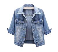 Womens Denim Jackets Uk Clearance, Cropped Denim Jacket Women UK 3/4 Sleeve Casual Jean Jacket Basic Lapel Button Down Short Coat Gifts for Her,Light blue,M,U474K