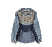 Womens Denim Jackets,Women'S Boho Tassel Denim Jacket Floral Embroidery Suede Fringe Jeans Tops Tailored Stretch Trucker Button Denim Coat Cardigan Cropped Jeansjacke For Girls Autumn Spring,Blue,M