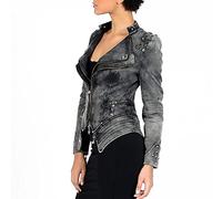 Womens Denim Jackets, Women'S Denim Jacket Fashion Slim Long Sleeve Zipper Lapel Jean Biker Coat Vintage Distressed Splicing Short Shrug Denim Coat Punk Stud Embellished Outwear Streetwear,Grey,L
